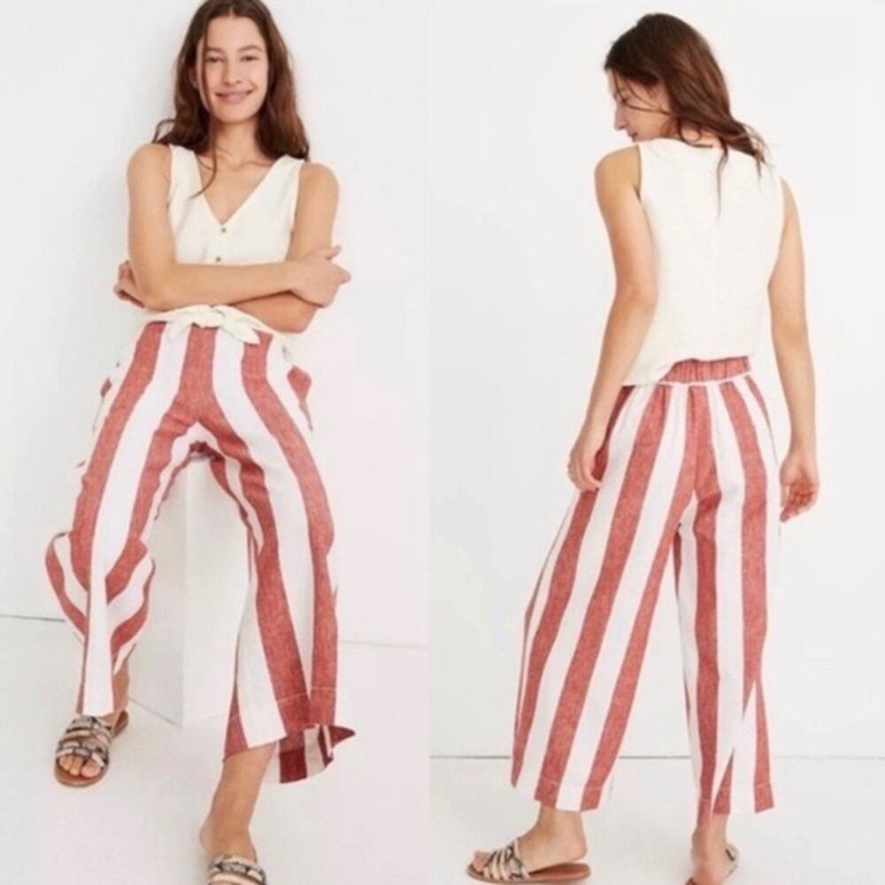 Madewell Linen Blend Huston Pull-On Wide Leg Crop Pants in Bold Stripe Size M
